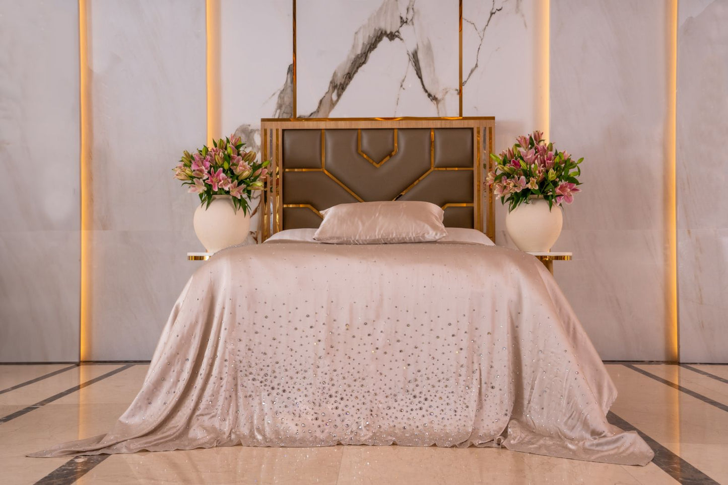 Crystal Beige Satin Bedcover with Hand-Set Crystals