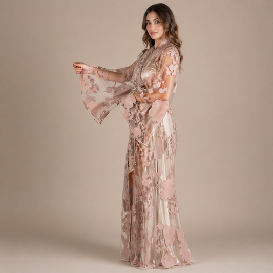 Handmade Beige Organza Robe with Floral Details