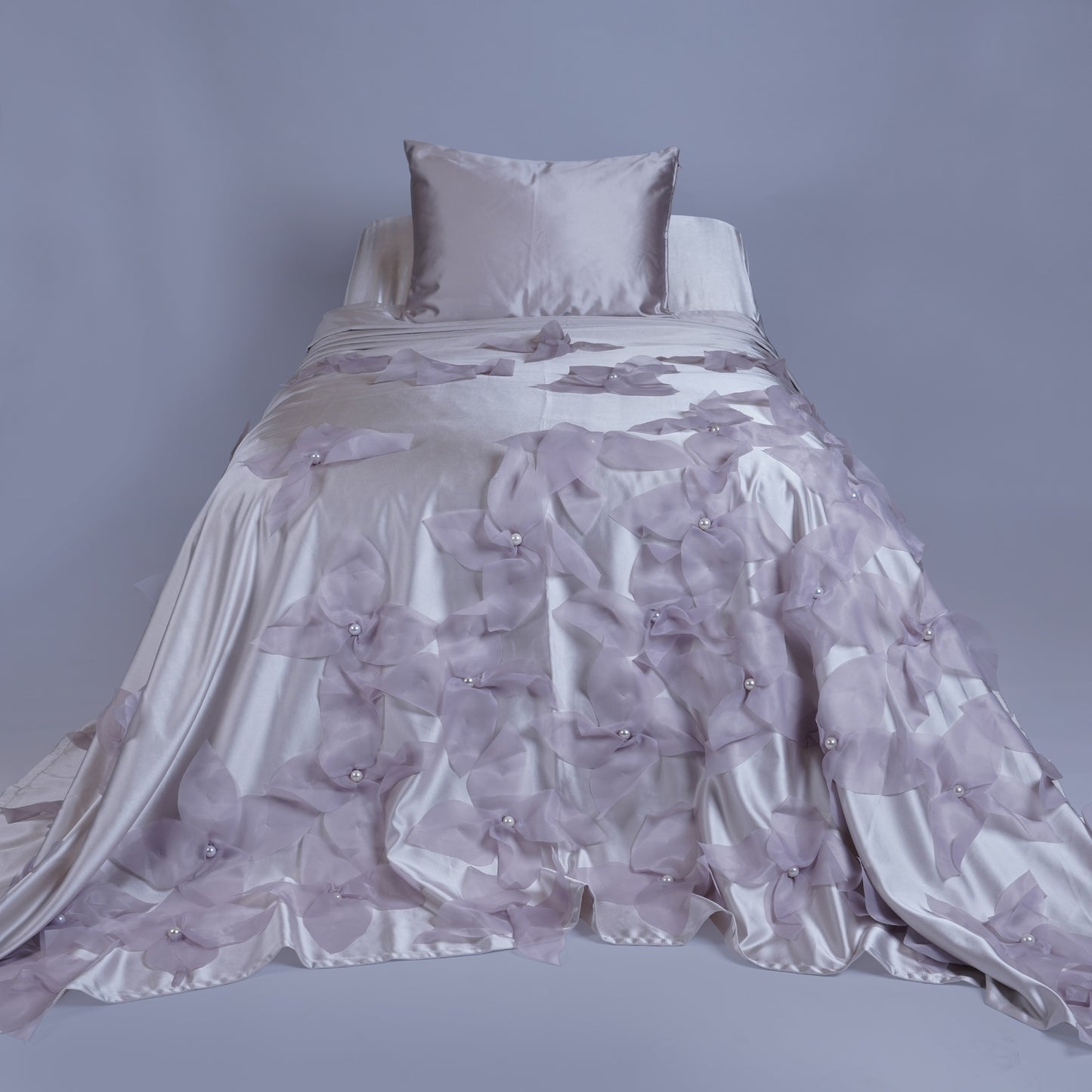 Hessa Beige Satin Bedcover with Handmade Flowers & Pearls