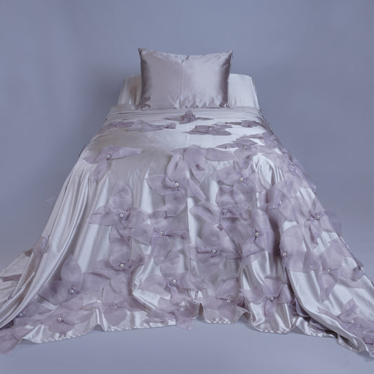 Hessa Beige Satin Bedcover with Handmade Flowers & Pearls - For Rent