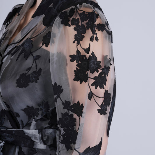Handmade Black Organza Robe with Floral Details