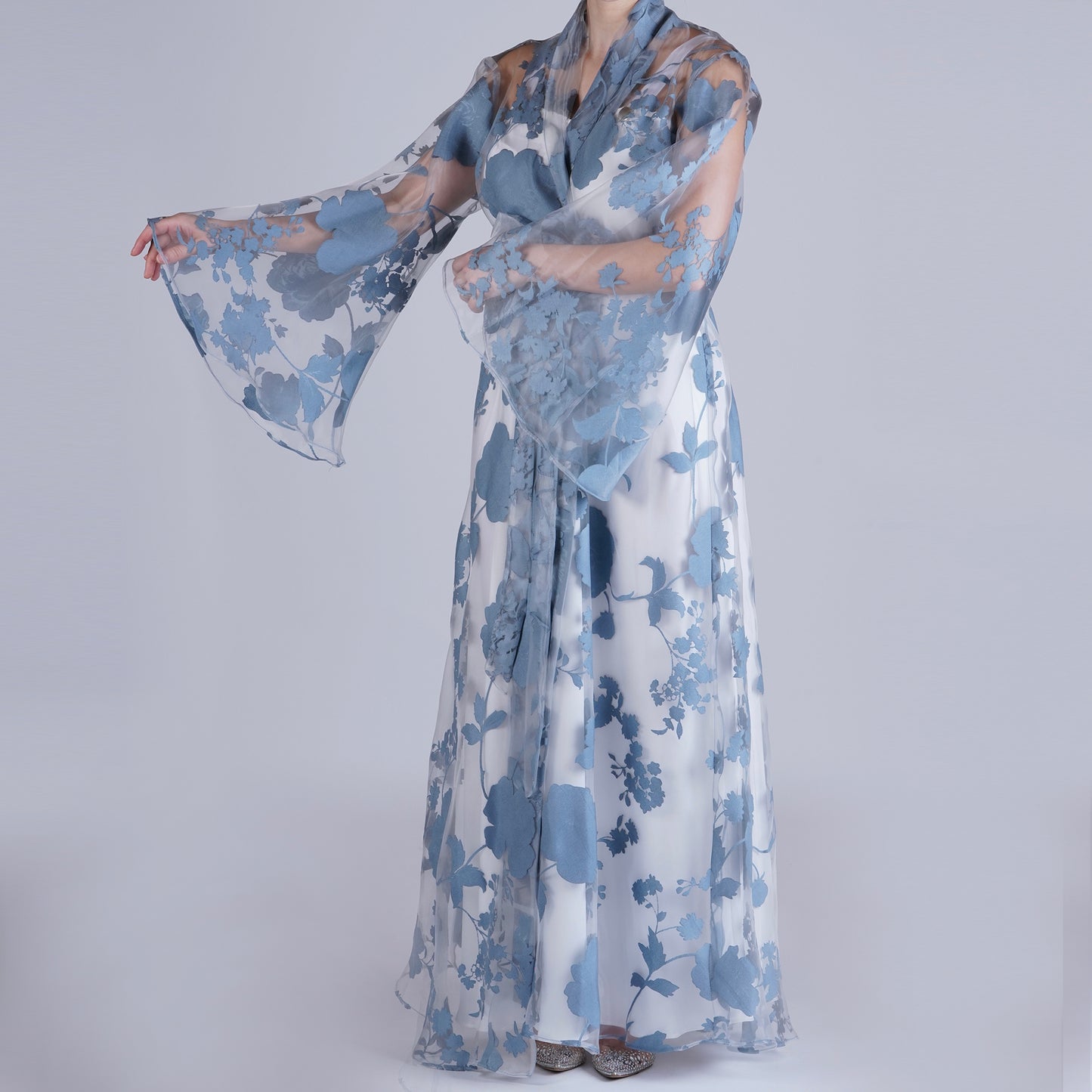 Handmade Blue Organza Robe with Floral Details