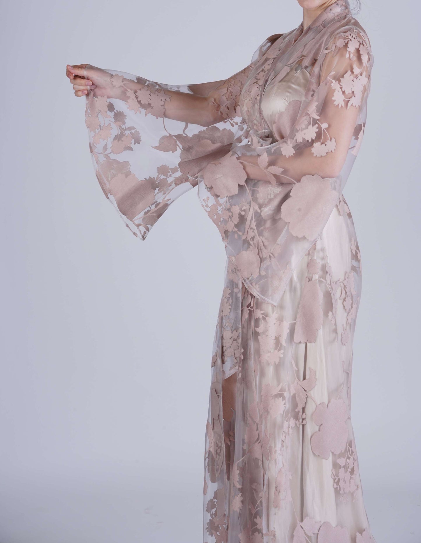 Handmade Beige Organza Robe with Floral Details