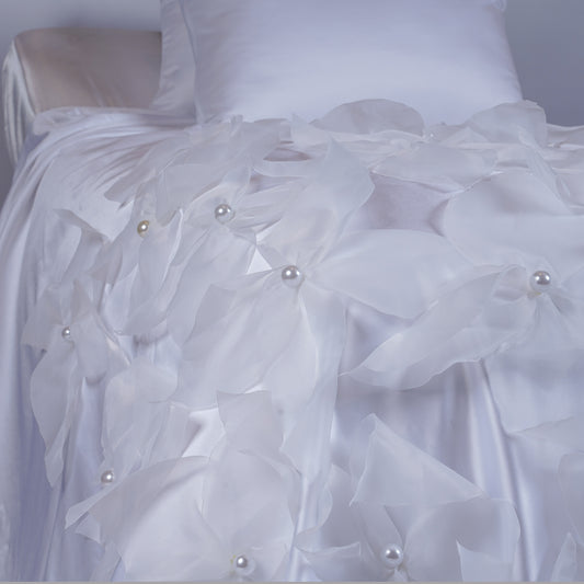 Hessa Full Satin Bedcover with Handmade Flowers & Pearls