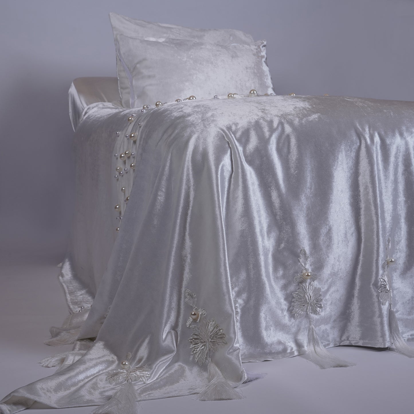 White Tassel Velvet Bedcover with Silk Embroidery, Pearls & Tassels