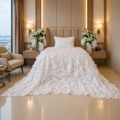 Aroosa Satin Bedcover with Handmade Organza & Pearls - For Rent