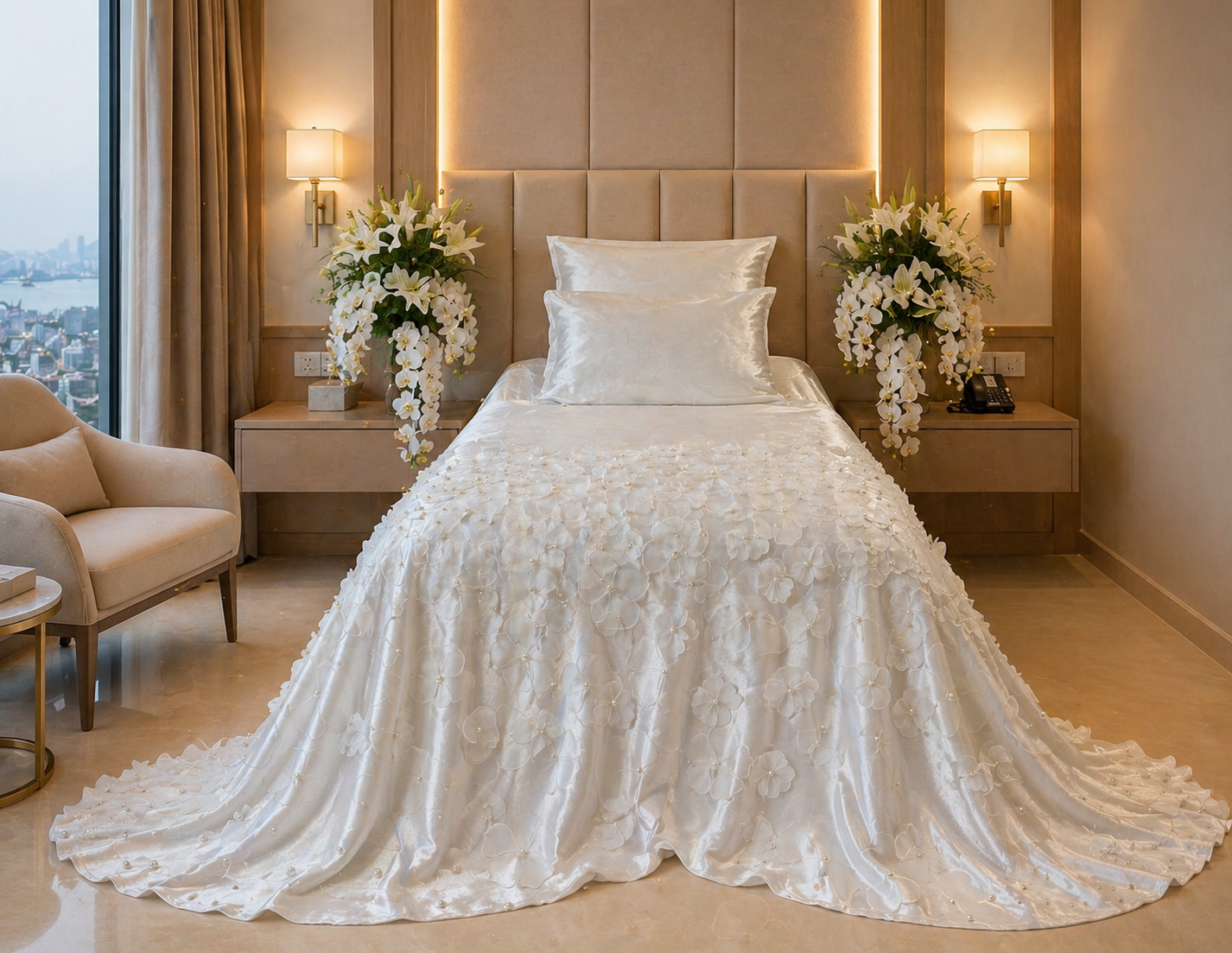 Velvet Bedcover With Flowers and Pearls (Flower Garden)