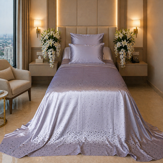 Crystal Beige Satin Bedcover with Hand-Set Crystals - For Rent