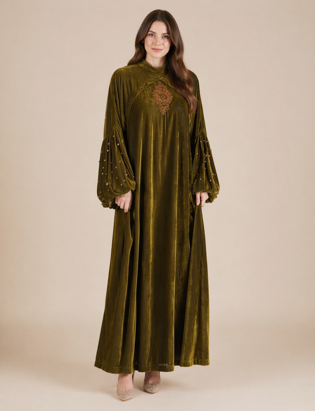 Green Velvet Breastfeeding Gown with Handmade Organza Floral Robe