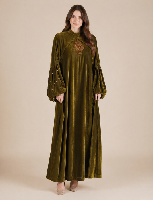 Green Velvet Breastfeeding Gown with Handmade Organza Floral Robe