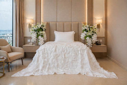 Hessa Full Satin Bedcover with Handmade Flowers & Pearls - For Rent