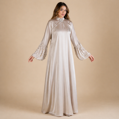 Crystal Silk Breastfeeding Gown with Hidden Access, Hand-Set Pearls & Crystals