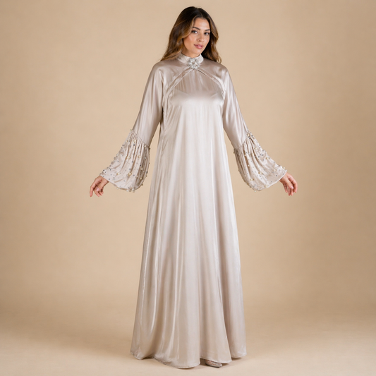 Crystal Silk Breastfeeding Gown with Hidden Access, Hand-Set Pearls & Crystals