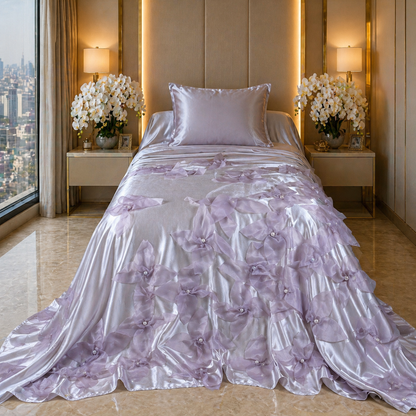 Hessa Beige Satin Bedcover with Handmade Flowers & Pearls - For Rent