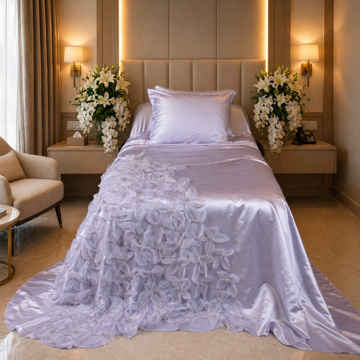 Hessa Satin Bedcover with Handmade Flowers & Pearls - For Rent