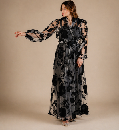 Handmade Black Organza Robe with Floral Details