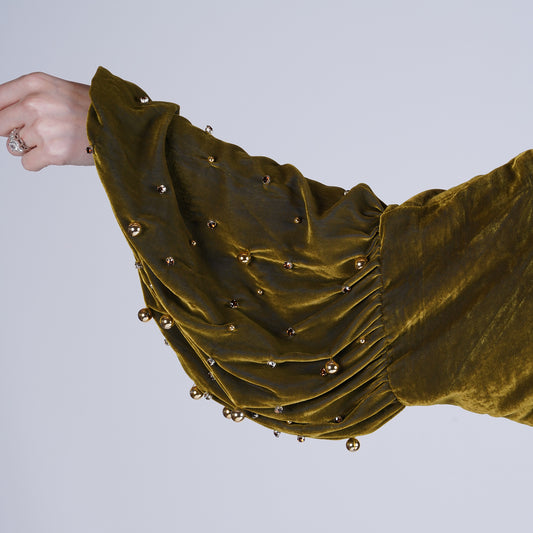 Green Velvet Breastfeeding Gown with Handmade Organza Floral Robe