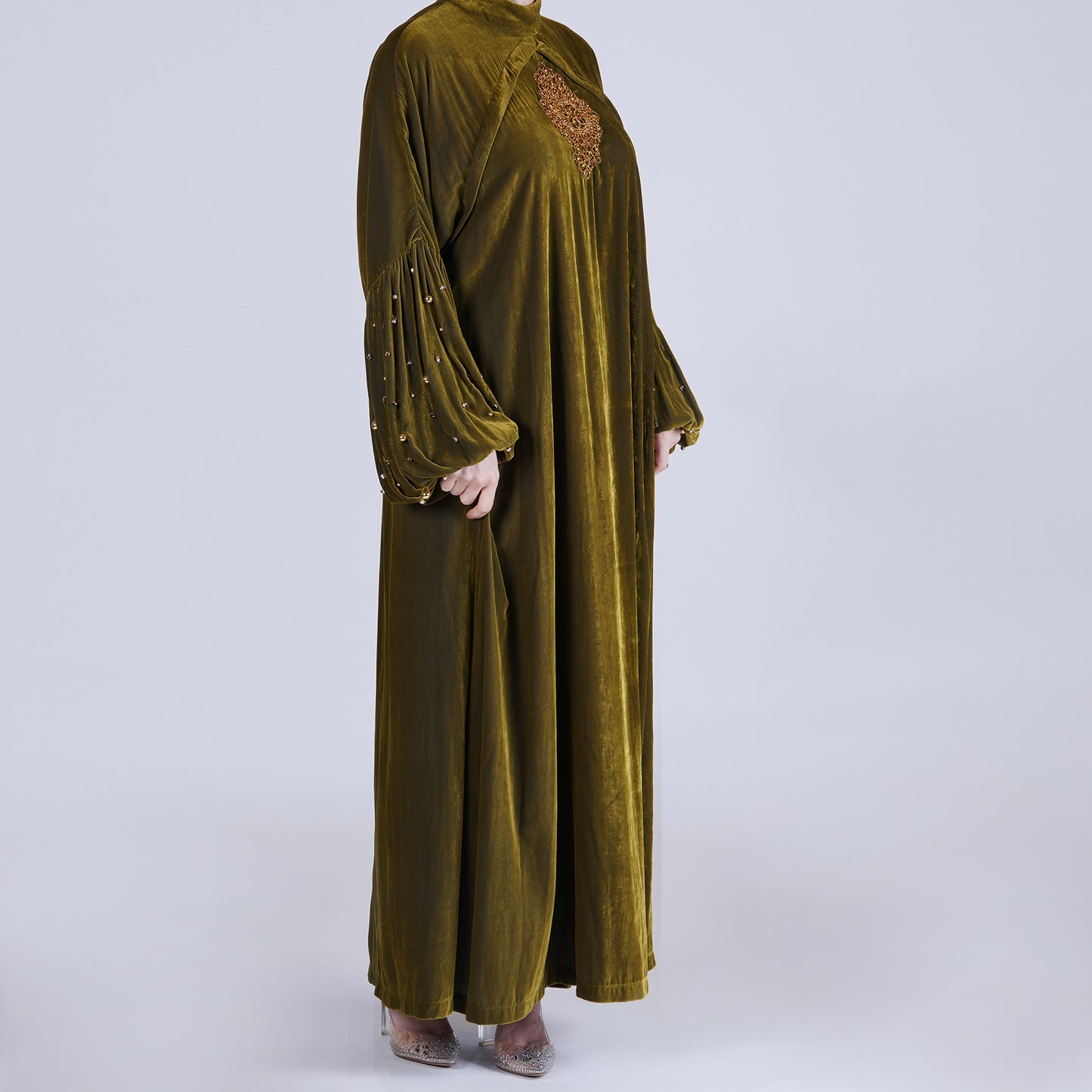 Green Velvet Breastfeeding Gown with Handmade Organza Floral Robe