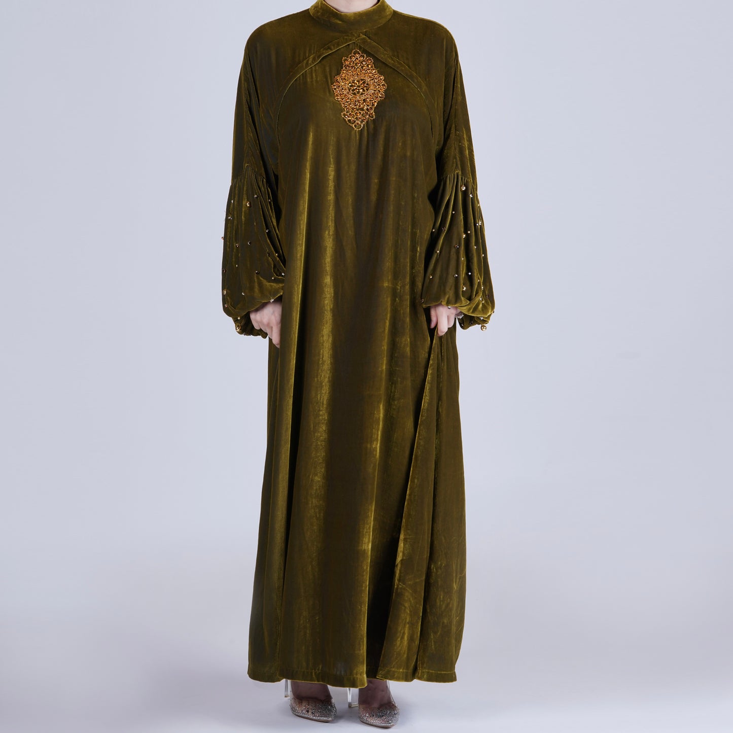 Green Velvet Breastfeeding Gown with Handmade Organza Floral Robe