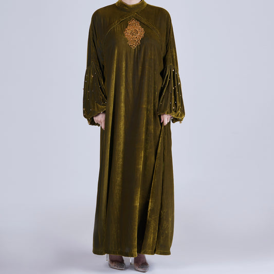 Green Velvet Breastfeeding Gown with Handmade Organza Floral Robe