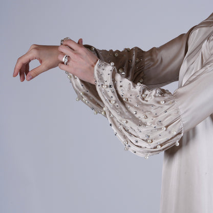 Crystal Silk Breastfeeding Gown with Hidden Access, Hand-Set Pearls & Crystals