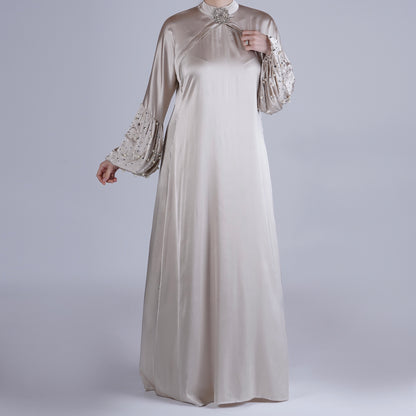 Crystal Silk Breastfeeding Gown with Hidden Access, Hand-Set Pearls & Crystals