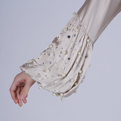 Crystal Silk Breastfeeding Gown with Hidden Access, Hand-Set Pearls & Crystals