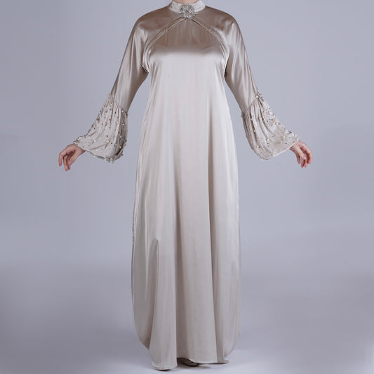 Crystal Silk Breastfeeding Gown with Hidden Access, Hand-Set Pearls & Crystals