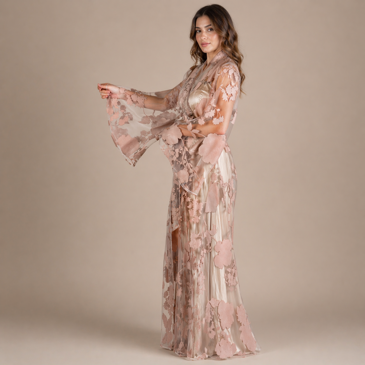 Handmade Beige Organza Robe with Floral Details