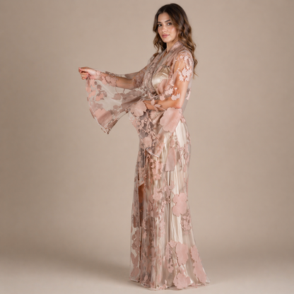 Handmade Beige Organza Robe with Floral Details