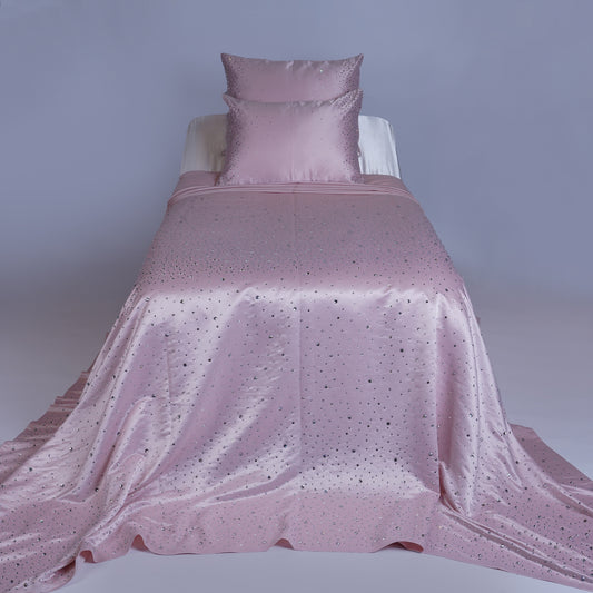 Crystal Pink Satin Bedcover with Hand-Set Crystals - For Rent
