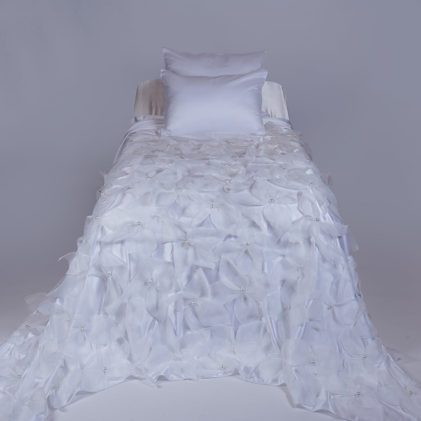 Hessa Full Satin Bedcover with Handmade Flowers & Pearls