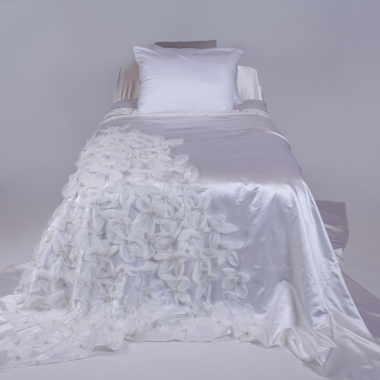 Hessa Satin Bedcover with Handmade Flowers & Pearls