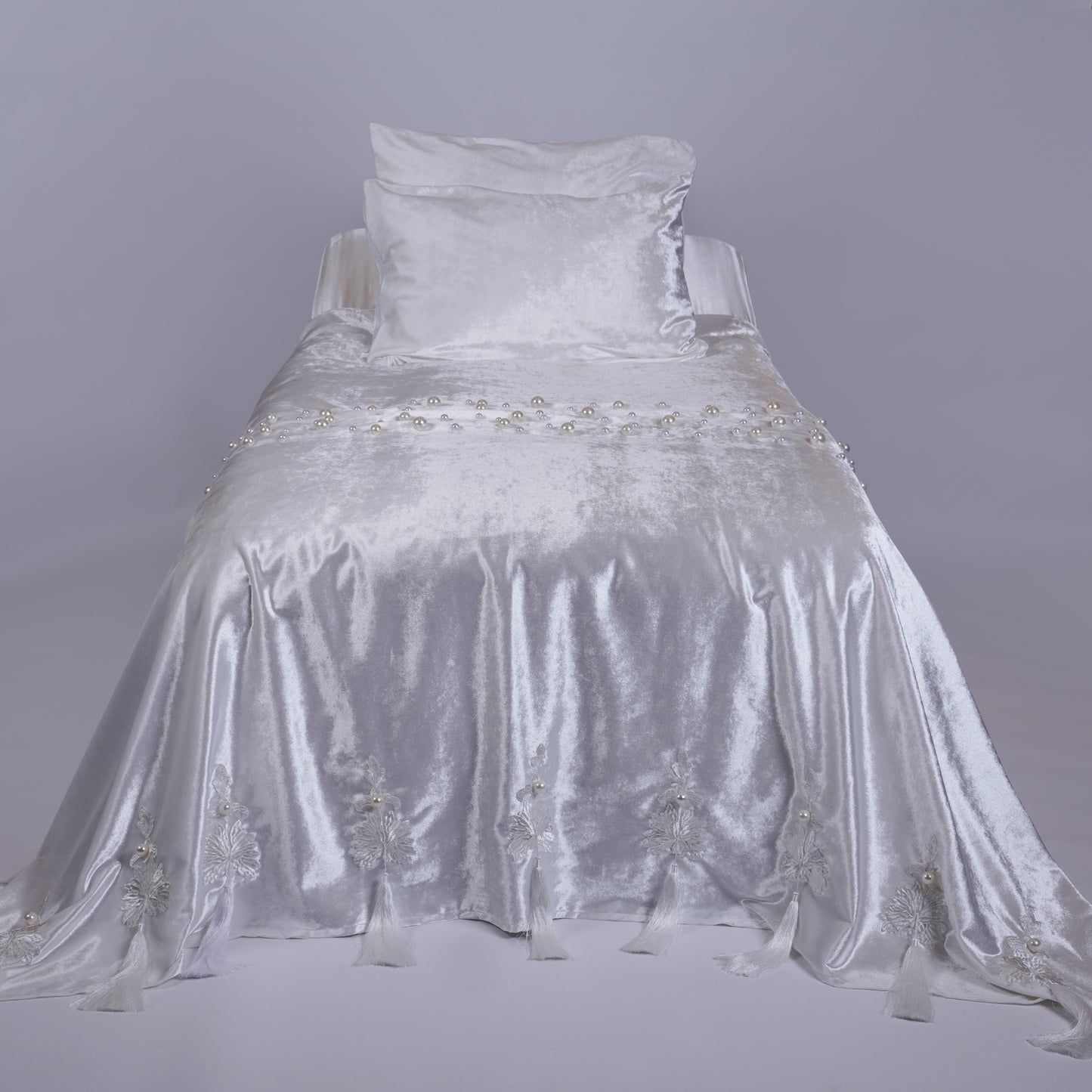 White Tassel Velvet Bedcover with Silk Embroidery, Pearls & Tassels