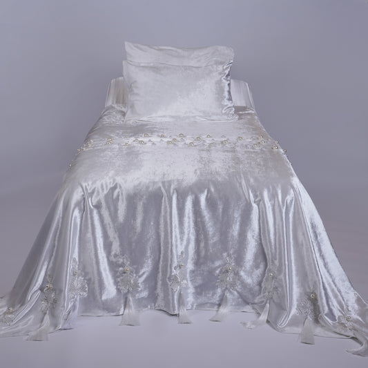 White Tassel Velvet Bedcover with Silk Embroidery, Pearls & Tassels - For Rent