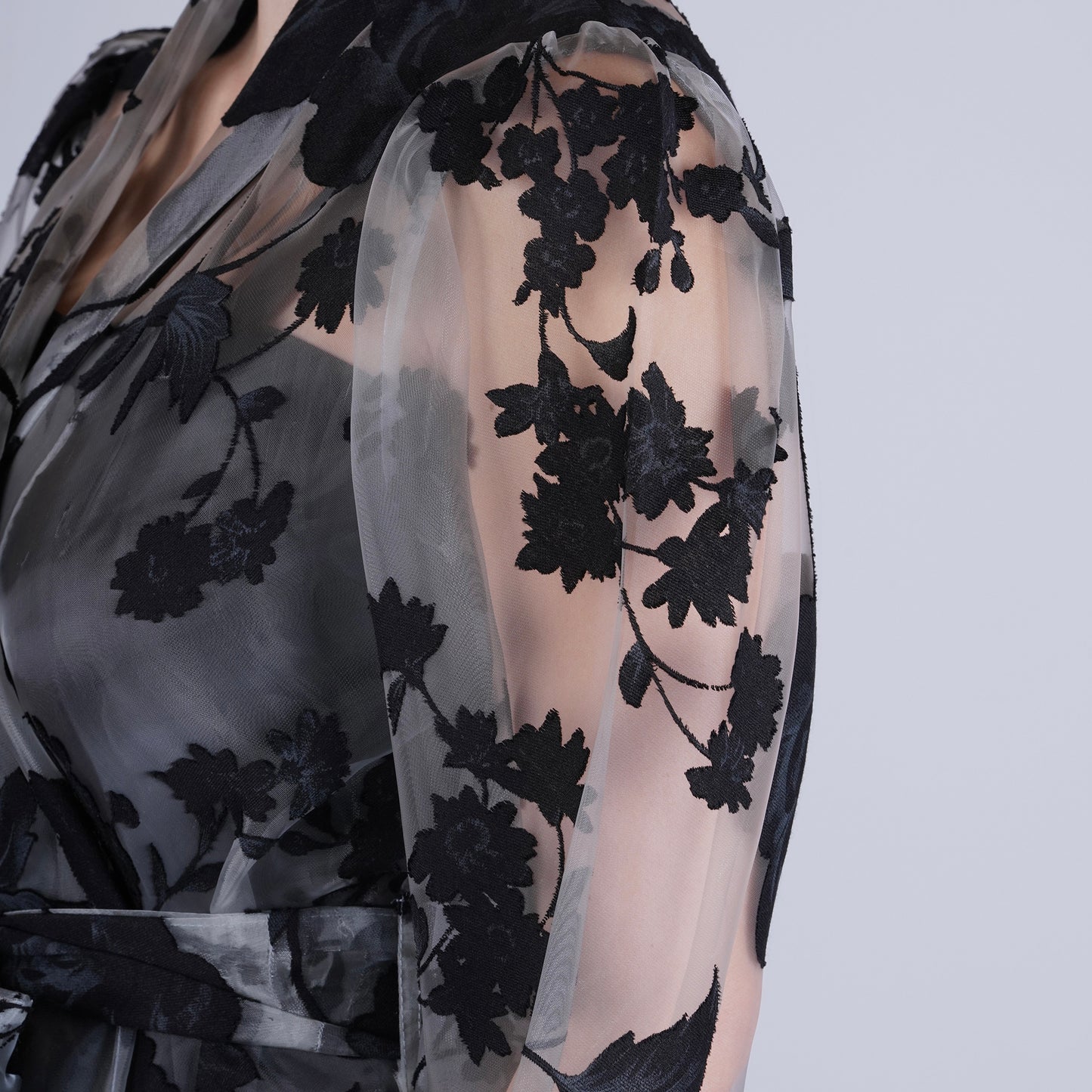 Handmade Black Organza Robe with Floral Details