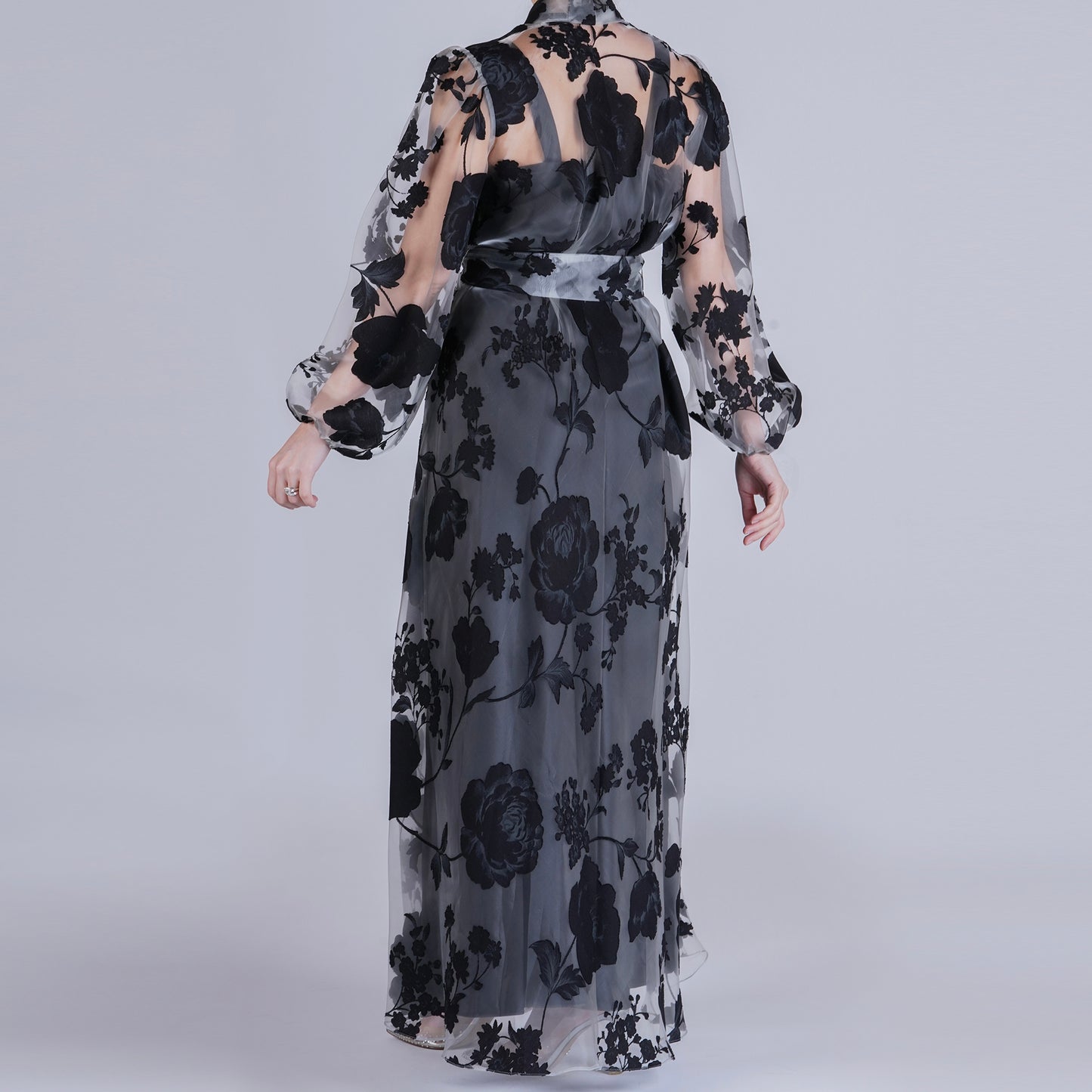 Handmade Black Organza Robe with Floral Details