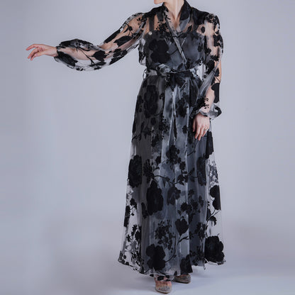 Handmade Black Organza Robe with Floral Details