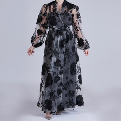 Handmade Black Organza Robe with Floral Details