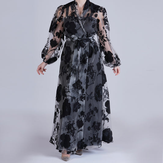 Handmade Black Organza Robe with Floral Details