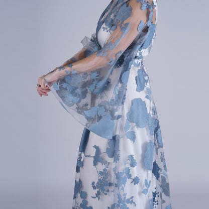 Handmade Blue Organza Robe with Floral Details