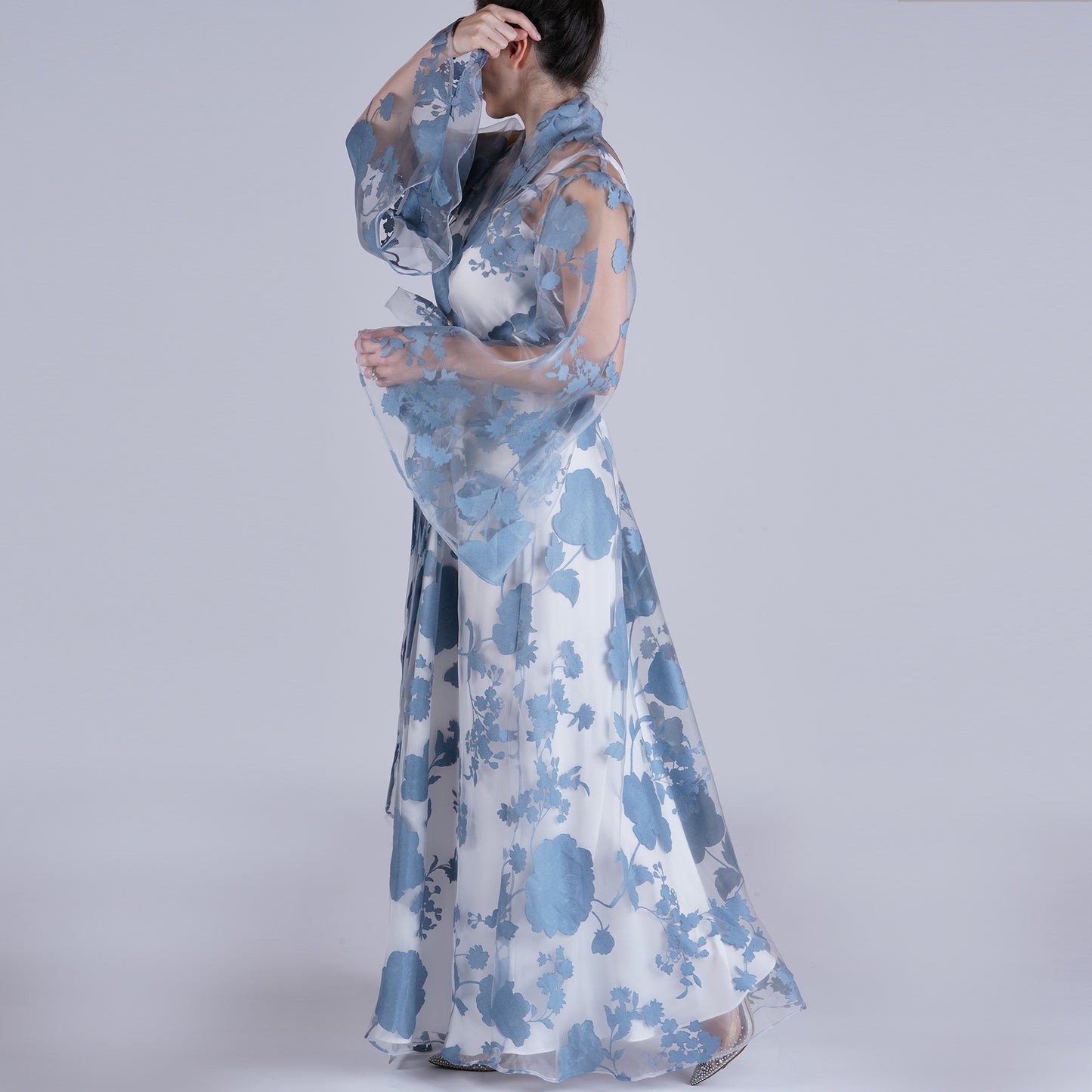 Handmade Blue Organza Robe with Floral Details