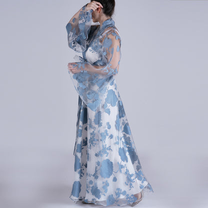 Handmade Blue Organza Robe with Floral Details