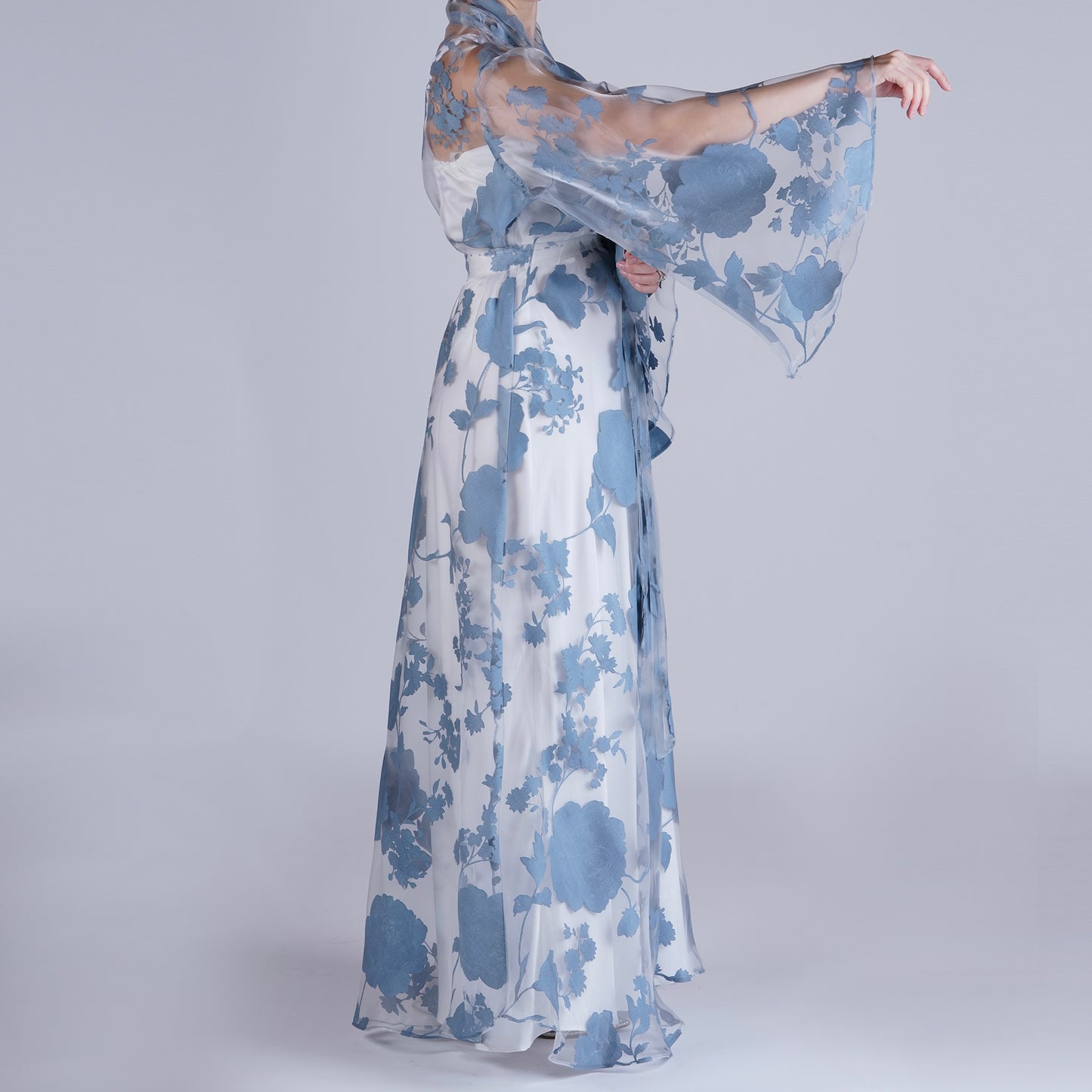 Handmade Blue Organza Robe with Floral Details