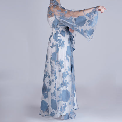 Handmade Blue Organza Robe with Floral Details