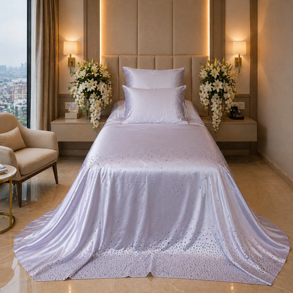 Crystal White Satin Bedcover with Hand-Set Crystals - For Rent