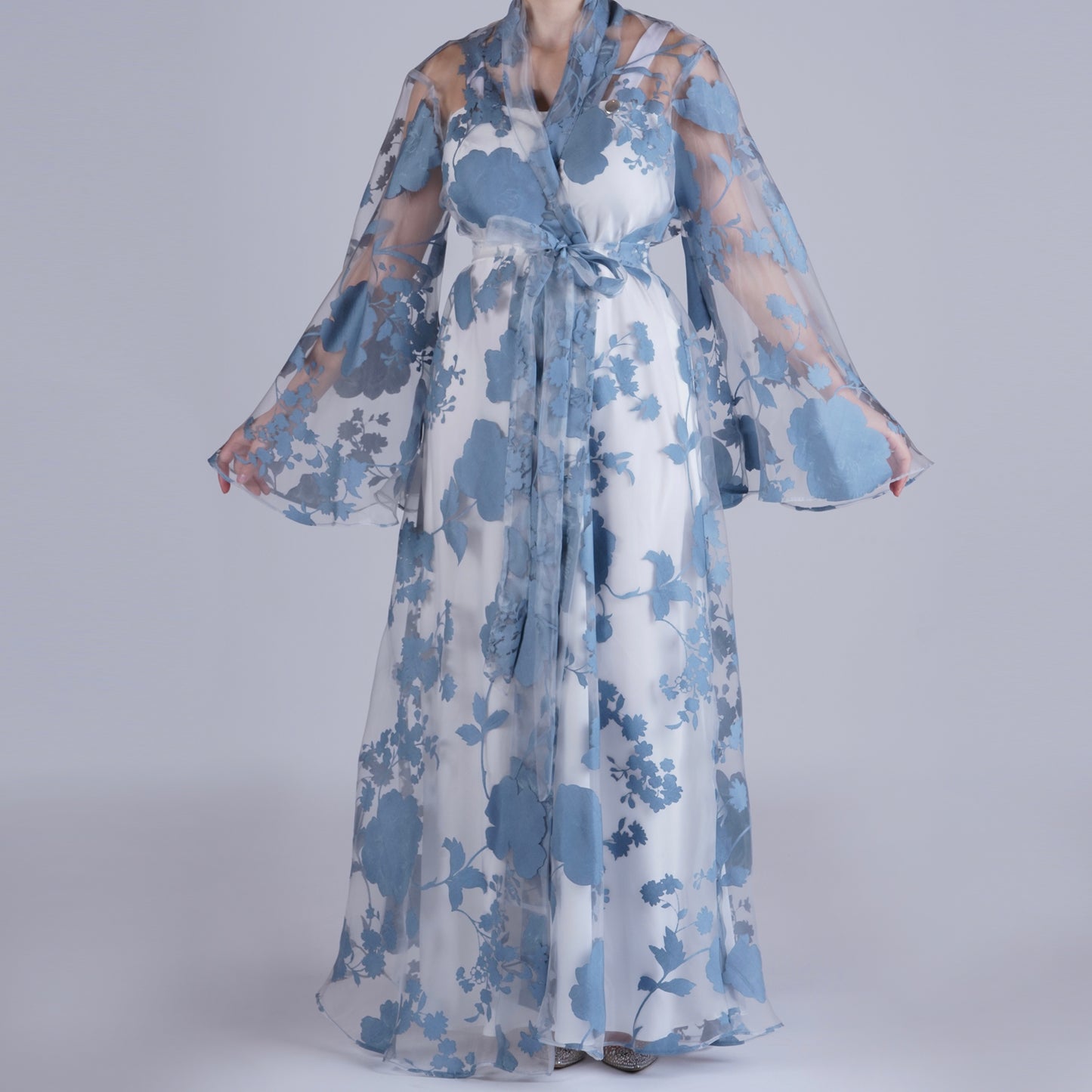 Handmade Blue Organza Robe with Floral Details