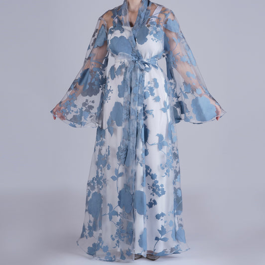Handmade Blue Organza Robe with Floral Details