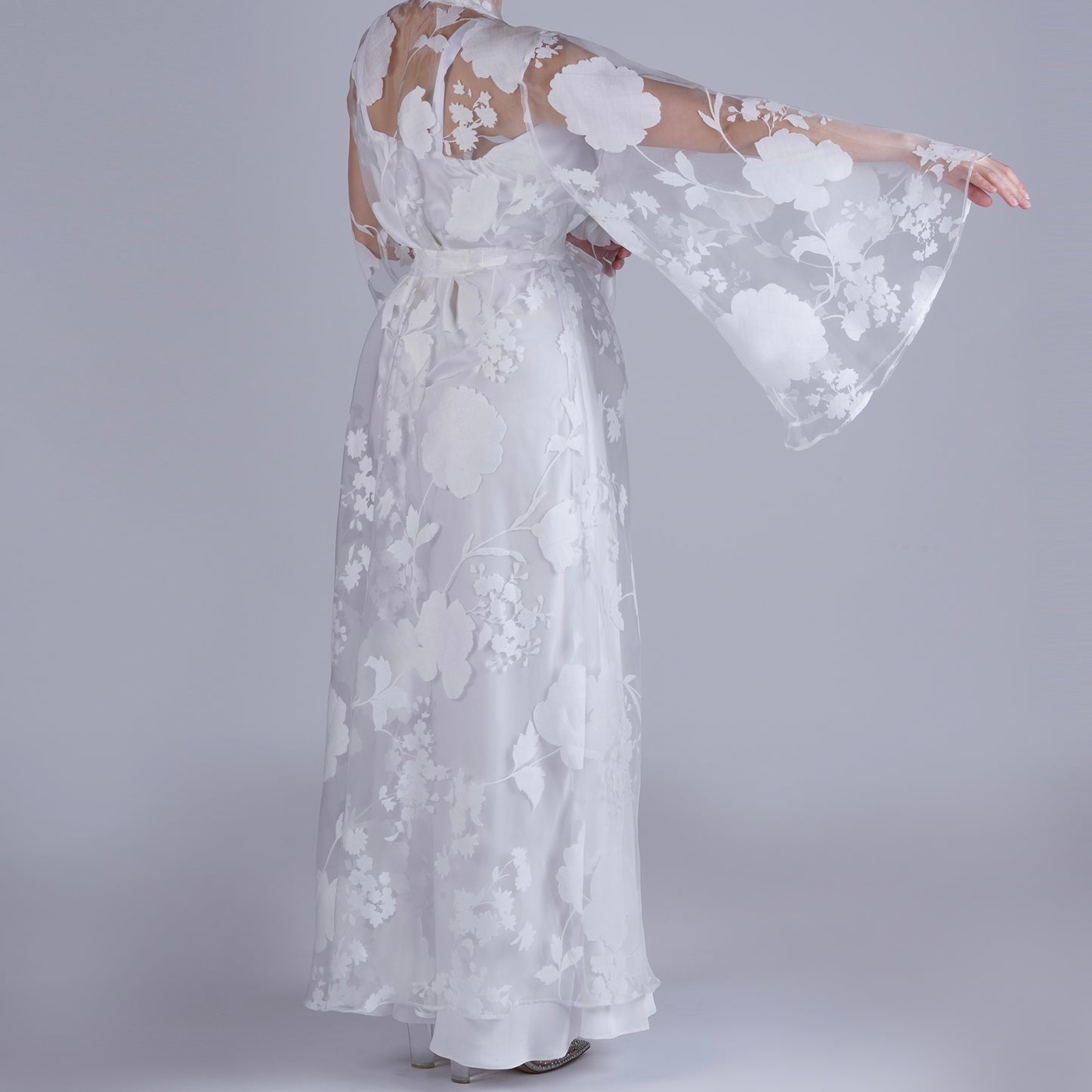 Handmade White Organza Robe with Floral Details