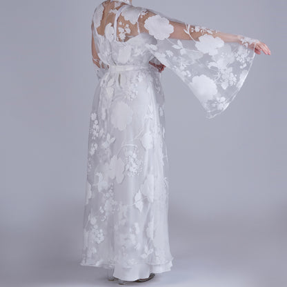 Handmade White Organza Robe with Floral Details